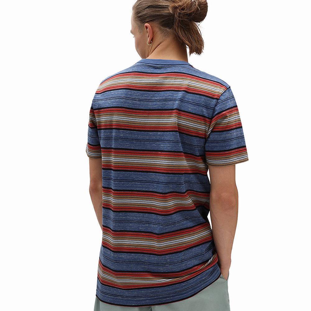 Camiseta Vans Mesa Stripe Pocket Crew Hombre Azules | GCM520741