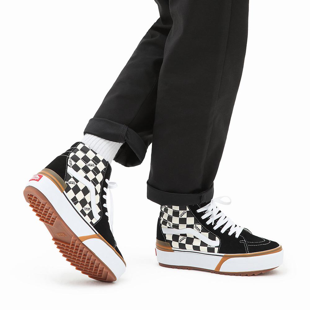 Tenis Botas Vans Checkerboard Sk8-Hi Stacked Mujer Negras/Blancas | OUL813075