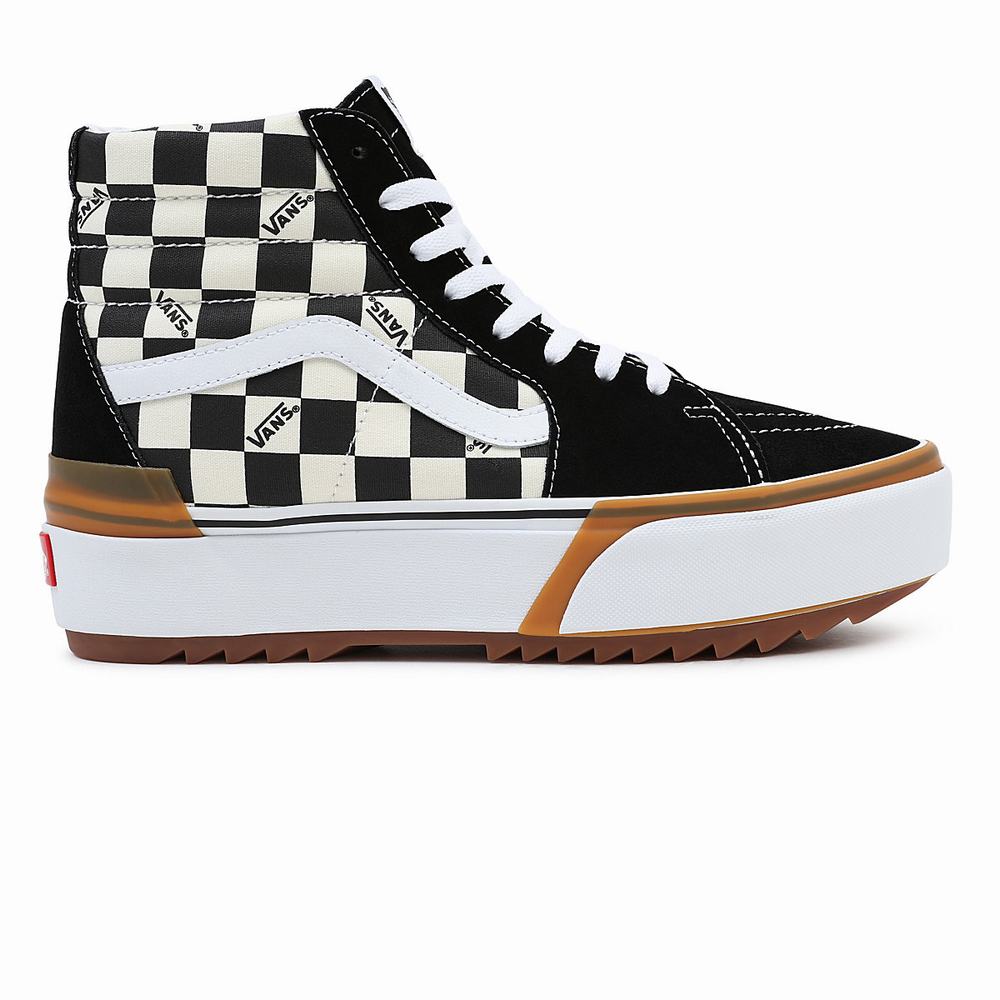 Tenis Botas Vans Checkerboard Sk8-Hi Stacked Mujer Negras/Blancas | OUL813075