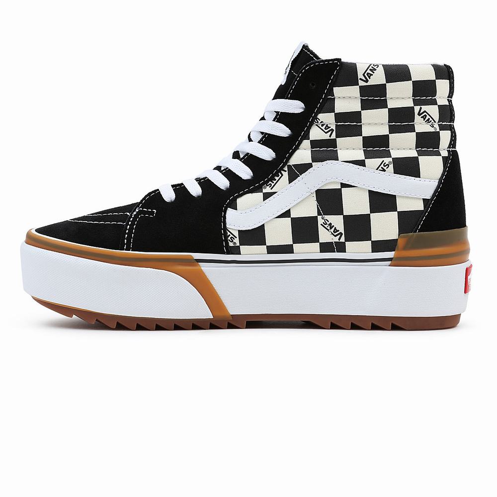 Tenis Botas Vans Checkerboard Sk8-Hi Stacked Mujer Negras/Blancas | OUL813075