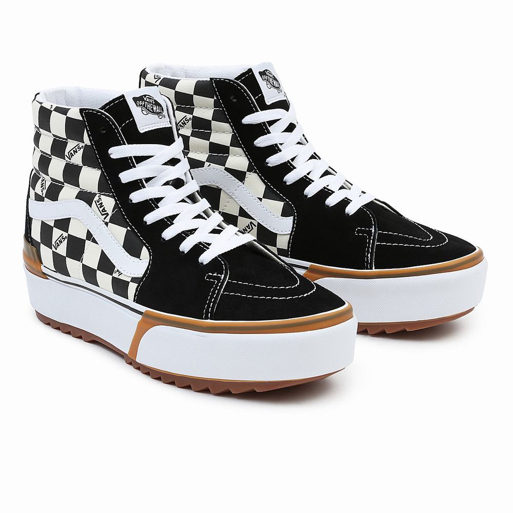 Tenis Botas Vans Checkerboard Sk8-Hi Stacked Mujer Negras/Blancas | OUL813075