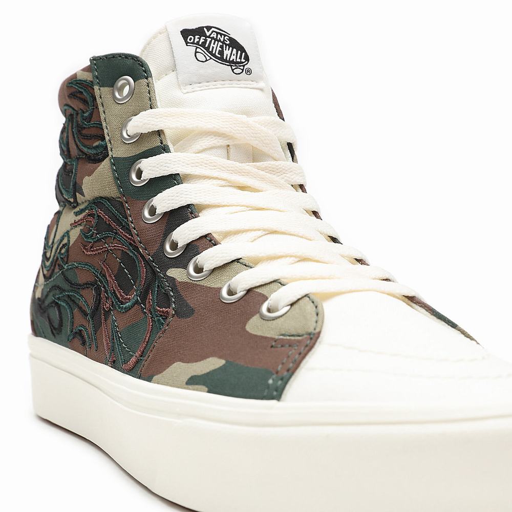 Tenis Botas Vans Flame Embroidery ComfyCush SK8-Hi Mujer Verde/Marrones | HOW426397