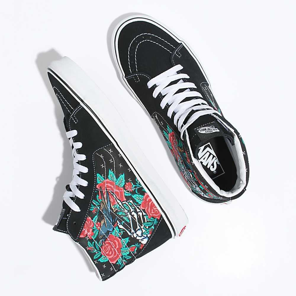 Tenis Botas Vans Rose Skulls Sk8-Hi Hombre Negras/Blancas | IRQ517049