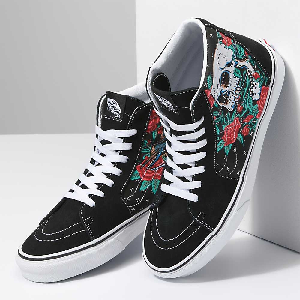 Tenis Botas Vans Rose Skulls Sk8-Hi Hombre Negras/Blancas | IRQ517049