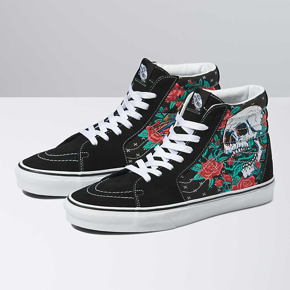 Tenis Botas Vans Rose Skulls Sk8-Hi Hombre Negras/Blancas | IRQ517049