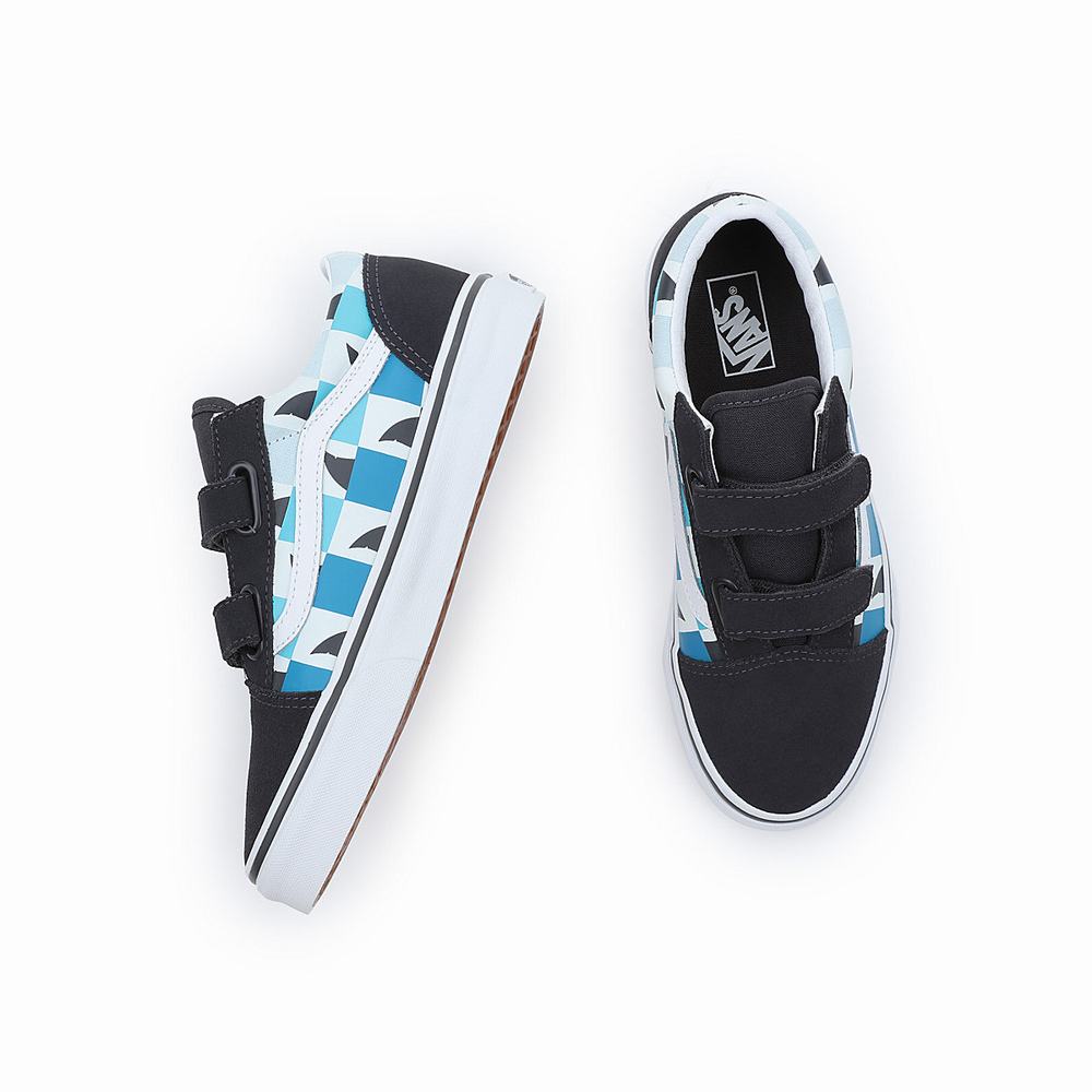 Tenis Vans Glow Checkerboard Sharks Old Skool Velcro (8-14 years) Niños Azules/Negras | OFD785239