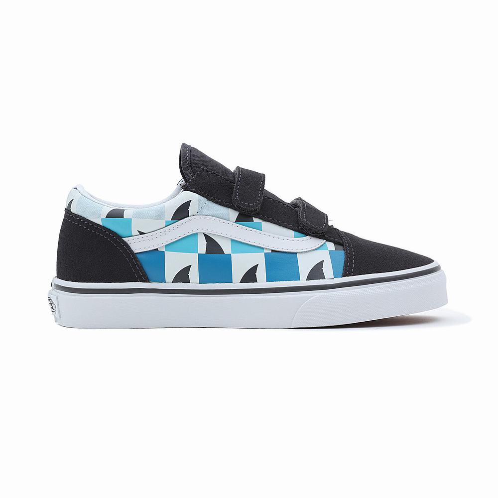 Tenis Vans Glow Checkerboard Sharks Old Skool Velcro (8-14 years) Niños Azules/Negras | OFD785239