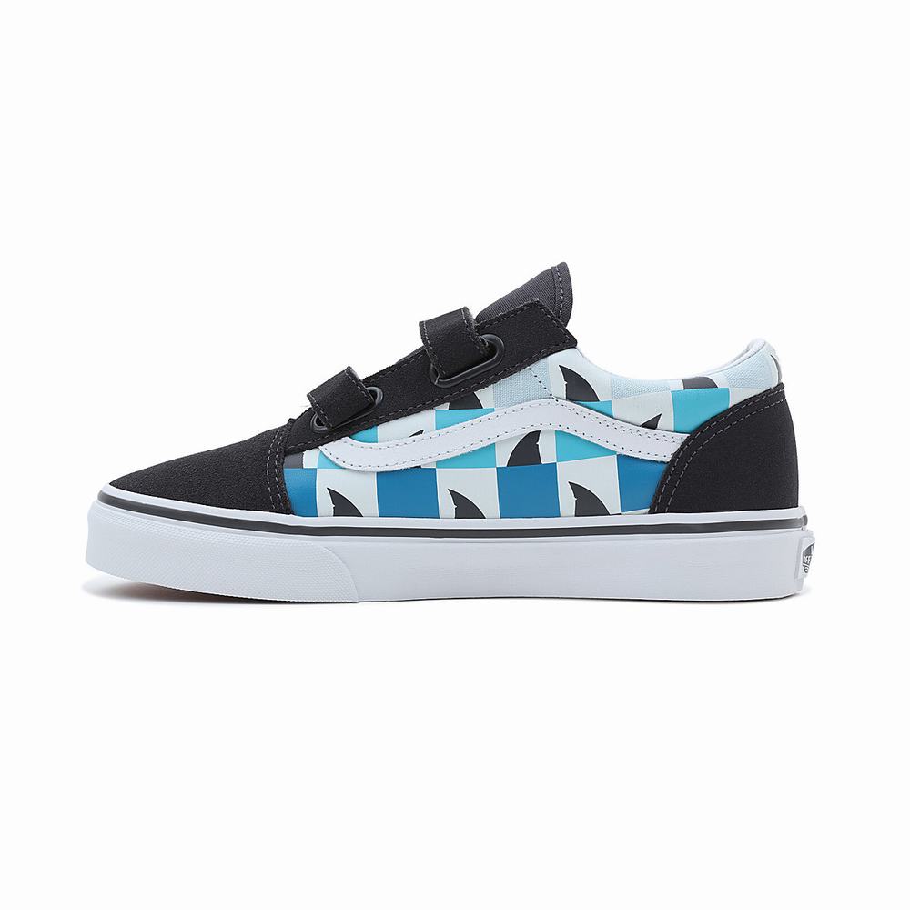 Tenis Vans Glow Checkerboard Sharks Old Skool Velcro (8-14 years) Niños Azules/Negras | OFD785239