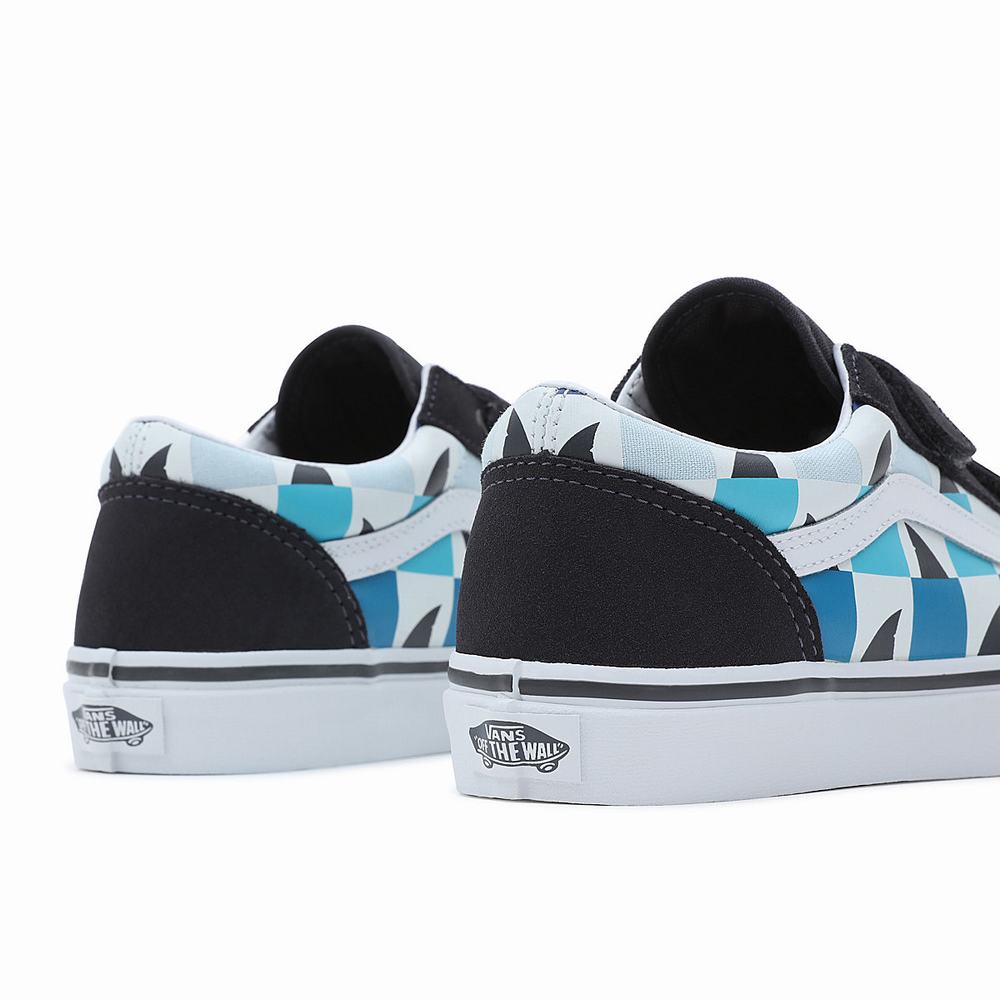 Tenis Vans Glow Checkerboard Sharks Old Skool Velcro (8-14 years) Niños Azules/Negras | OFD785239