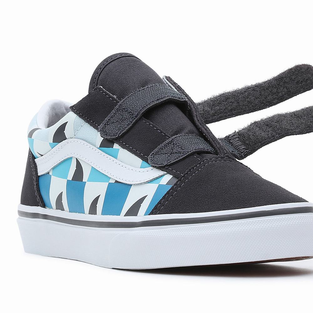 Tenis Vans Glow Checkerboard Sharks Old Skool Velcro (8-14 years) Niños Azules/Negras | OFD785239