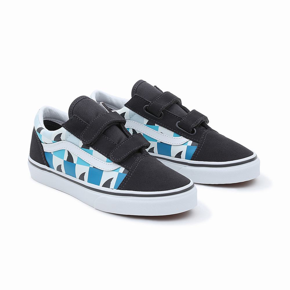 Tenis Vans Glow Checkerboard Sharks Old Skool Velcro (8-14 years) Niños Azules/Negras | OFD785239