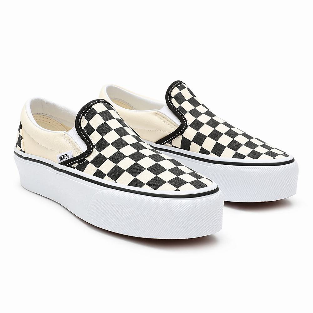 Zapatos Slip On Vans Checkerboard Classic Slip-On Platform Mujer Negras/Blancas | THI537912