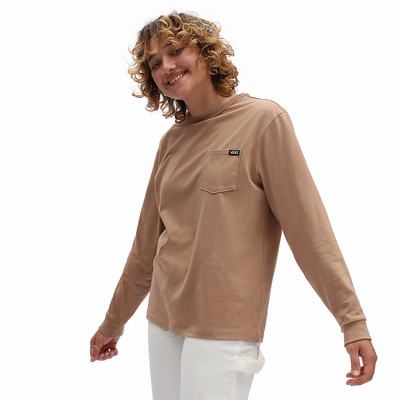 Camiseta Vans Long Sleeve OTW Pocket Mujer Beige | KQI904285